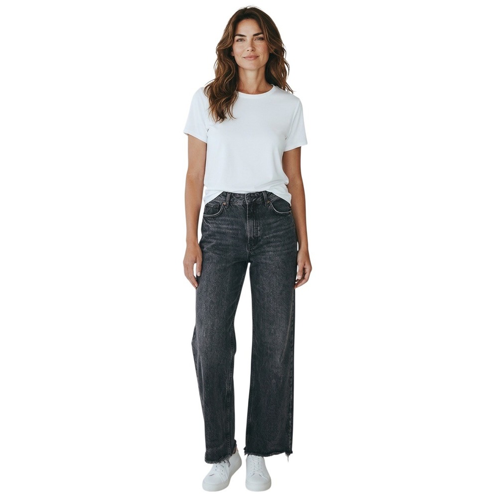 Zara Womens High Waisted Wide Leg Jeans Faded Black Raw Hem Size 6 MEX 28 - Picture 1 of 9